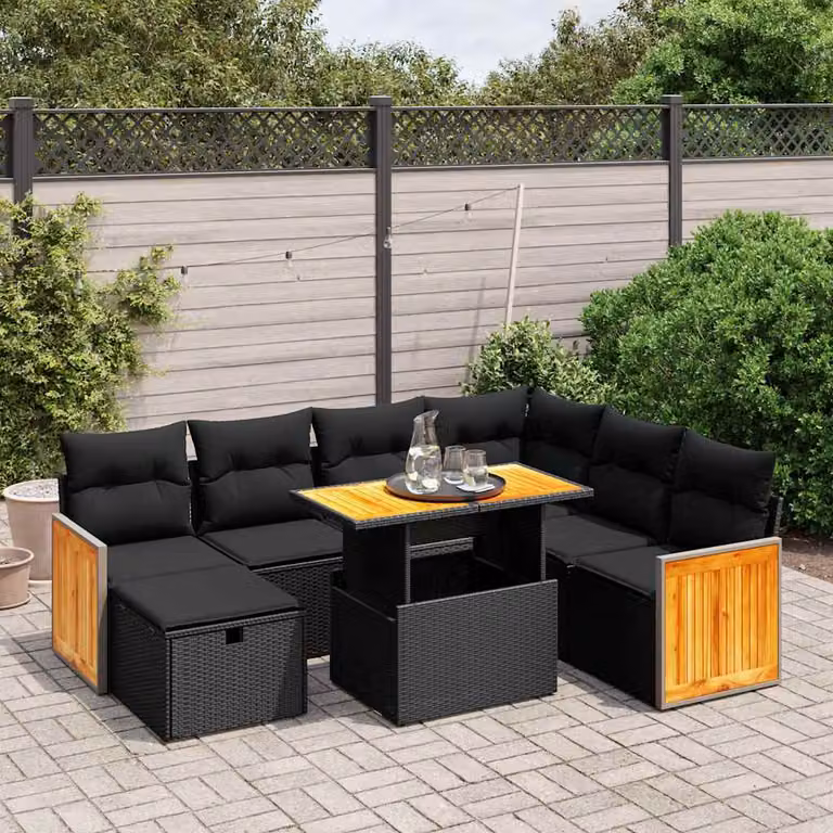 Set di divani da giardino vidaXL in polyrattan nero con 8 pezzi e cuscini inclusi