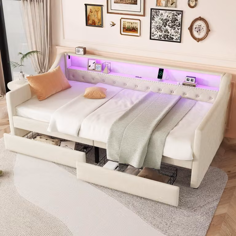 Okwish divano letto 90x200 a luce ambiente con telecomando e cassetti, divano giovanile con rete a doghe e USB, (senza materasso)Beige