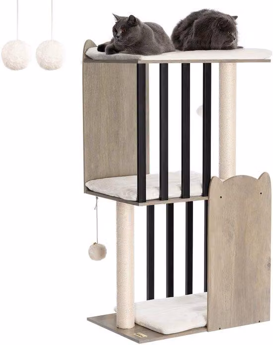 Ibenzoa® – Albero per gatti grigio a 3 livelli (111 cm) con 2 colonne in sisal da 50 cm, 3 piattaforme XL da 60x40 cm e rivestimento in peluche da 500 g/m²