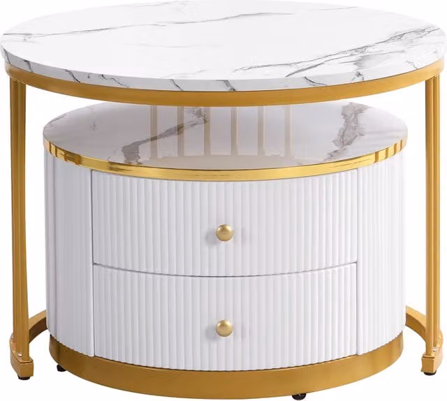 Tavolini da salotto impilabili rotondi con 2 cassetti, effetto marmo lucido, per soggiorno, in MDF bianco