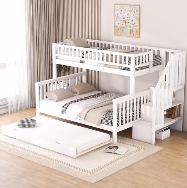 Letto a castello in pino bianco con reti 90x200 cm e 140x200 cm, con scaletta e letto estraibile