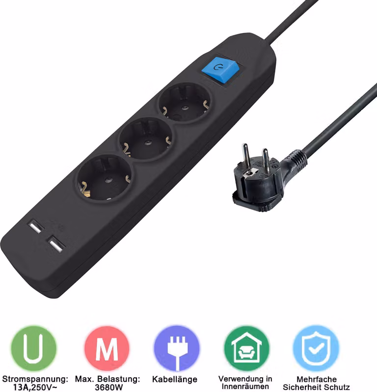 ORSEM Ciabatta elettrica a 3 prese / cavo da 3 m Presa multipla IP 20 con 2 porte USB 3680 W con interruttore e sicurezza bambini Presa USB Nera