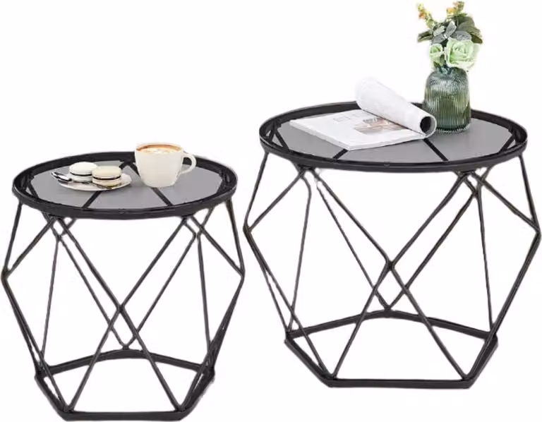 Set di due tavolini da caffè, uno in vetro temperato e acciaio, dimensioni 50 x 40 cm, e uno di dimensioni 40 x 36 cm