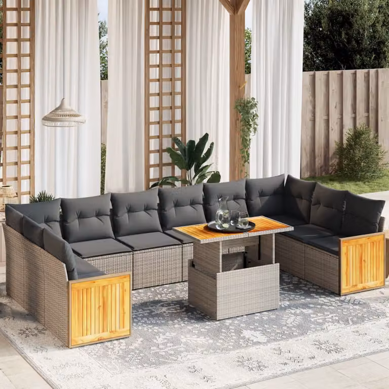 vidaXL Set Divani da Giardino 11 pz con Cuscini e Tavolino da Caffè in Polyrattan e Acciaio Grigio
