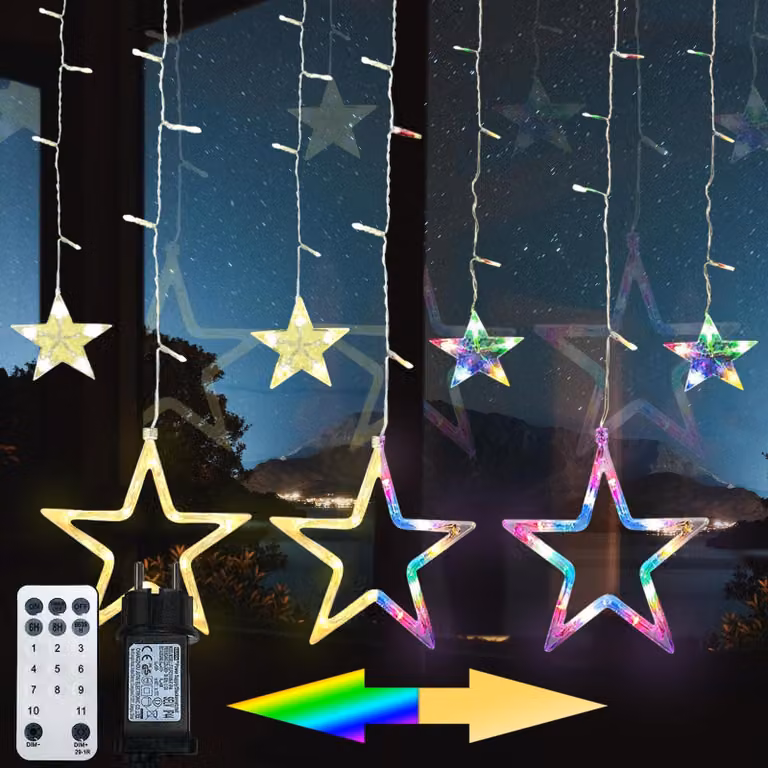 Catena luminosa a forma di stelle, lunghezza 2,3 metri, 138 LED, 4 colori, 11 modalità, con telecomando e timer