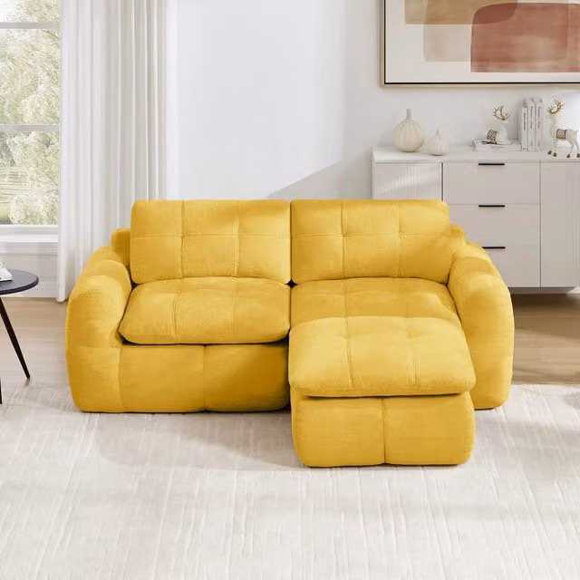 Divano 2 posti angolare con poggiapiedi ¨C Minimal ¨C Giallo, tessuto chenille, design trapunto a rombi, antiscivolo
