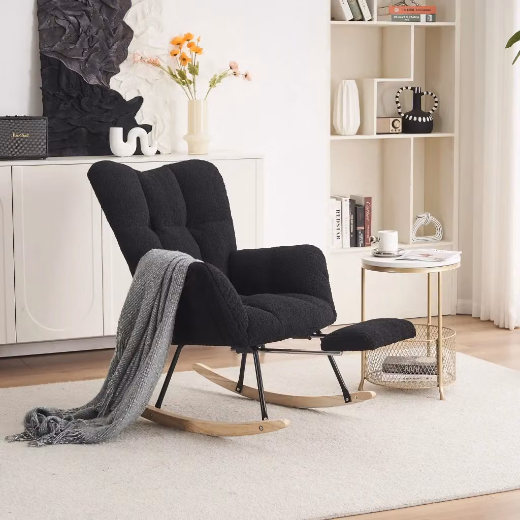 Poltrona a dondolo OKWISH con poggiapiedi pieghevole e schienale alto in tessuto boucle nero, L: 80 cm, P: 98 cm, H: 98,5 cm – 2