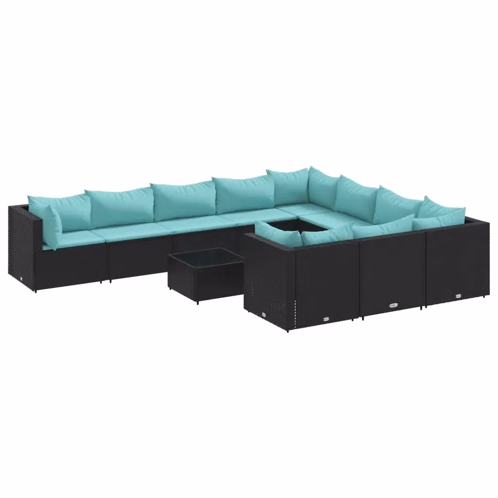Set di Divani da Giardino a Forma di U vidaXL con 11 Pezzi, Cuscini Blu e Tavolino da Esterno, Struttura in Metallo Nero e Polyrattan – 2