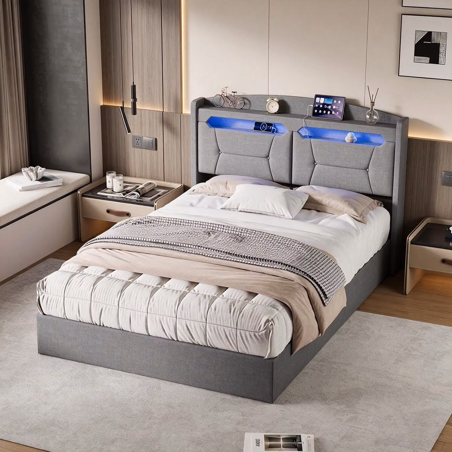 Letto matrimoniale con rete a molle INONEFT, 140x200 cm, con illuminazione LED e porte USB/Type-C, struttura imbottita, contenitore a letto, sistema di sollevamento idraulico, adatto anche per ragazzi, disponibile nei colori: lino e grigio.