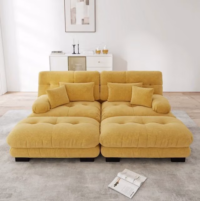 Divano modulare in chenille giallo con 2 pouf; 220x145x81 cm