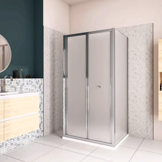 185cm Box Doccia a Tre Lati Porta a Soffietto 86cm con Doppia Parete Fissa 70x70cm in Vetro Temperato Satinato Opaco 5 mm Profilo Cromato Lucido