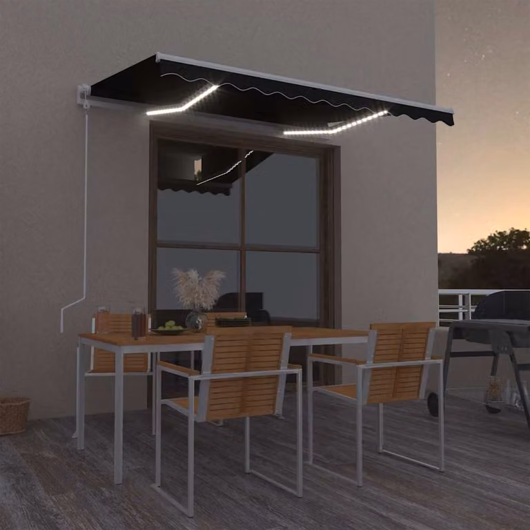 vidaXL Tenda Automatica con Sensore Vento e LED in Poliestere e Alluminio, L: 350 cm, P: 250 cm, Colore Antracite e Bianco