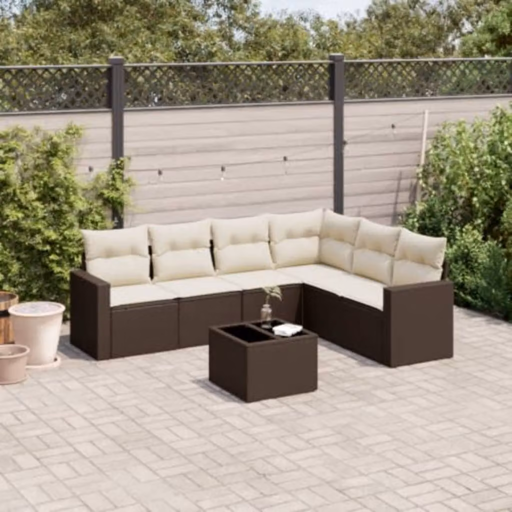 Set di divani da giardino vidaXL 7 pz a forma di L in polyrattan marrone con cuscini inclusi – 1