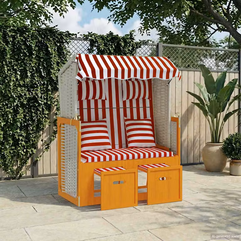 vidaXL Strandkorb in Polyrattan e Legno di Abete con Cuscini a Righe Rosse e Bianche e Tendalino