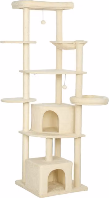 Albero per Gatti PawHut Multilivello con 2 Casette, 2 Lettini e Amaca, Struttura per 2-3 Gatti, Altezza: 200 cm, Beige
