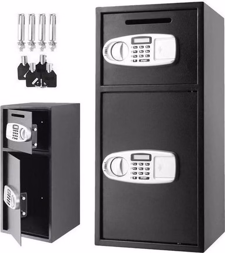 Armadio elettronico doppio Happyment – Cassaforte 2 in 1 – Serratura elettronica a combinazione – Resistente al fuoco e all'acqua – Scomparto per chiavi e documenti – Nero – 25 kg