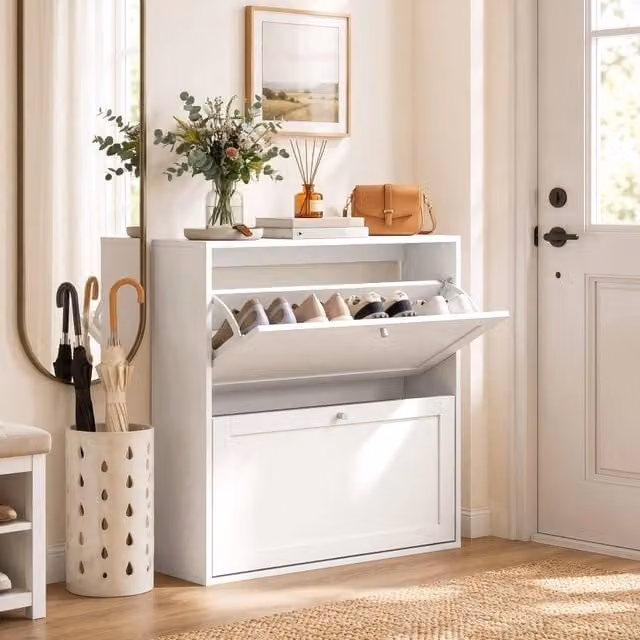 Scarpiera moderna Mivray bianca con scomparti a ribalta e ripiani interni per ingresso L: 80 cm, P: 20 cm, H: 84 cm