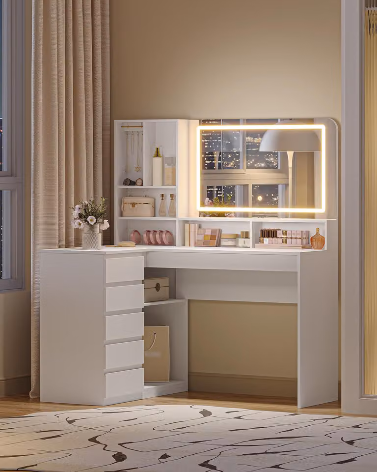 Tavolino da trucco a forma di L - Bianco - 5 cassetti - Realizzato in legno truciolare - Con specchio e illuminazione a LED