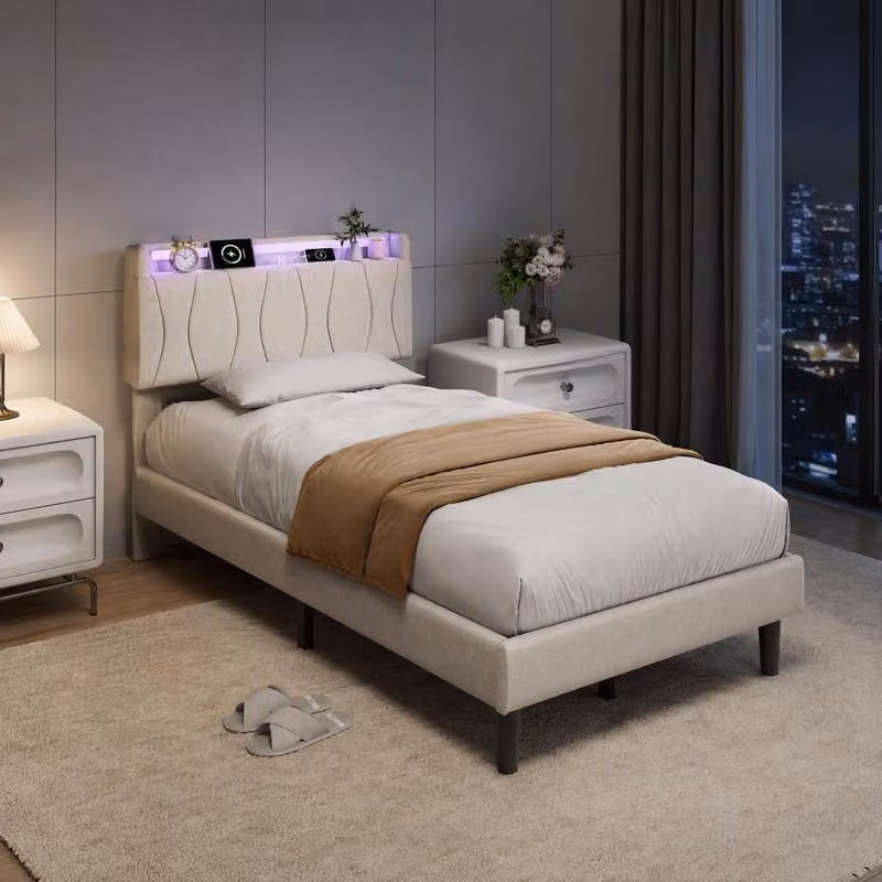 Letto imbottito ProximaX, 90 x 200 cm, con funzione di ricarica (USB e Type-C) e illuminazione LED, letto singolo con spazio contenitivo nella testiera e rete a listelli, color beige