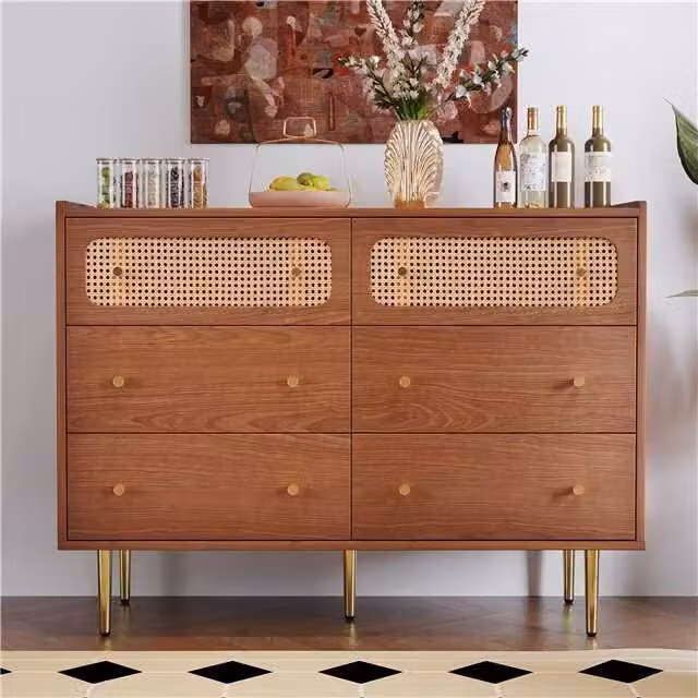Flieks credenza cassettiera con 6 cassetti, cassettiera in rattan armadi soggiorno legno massiccio 120*40*90cm