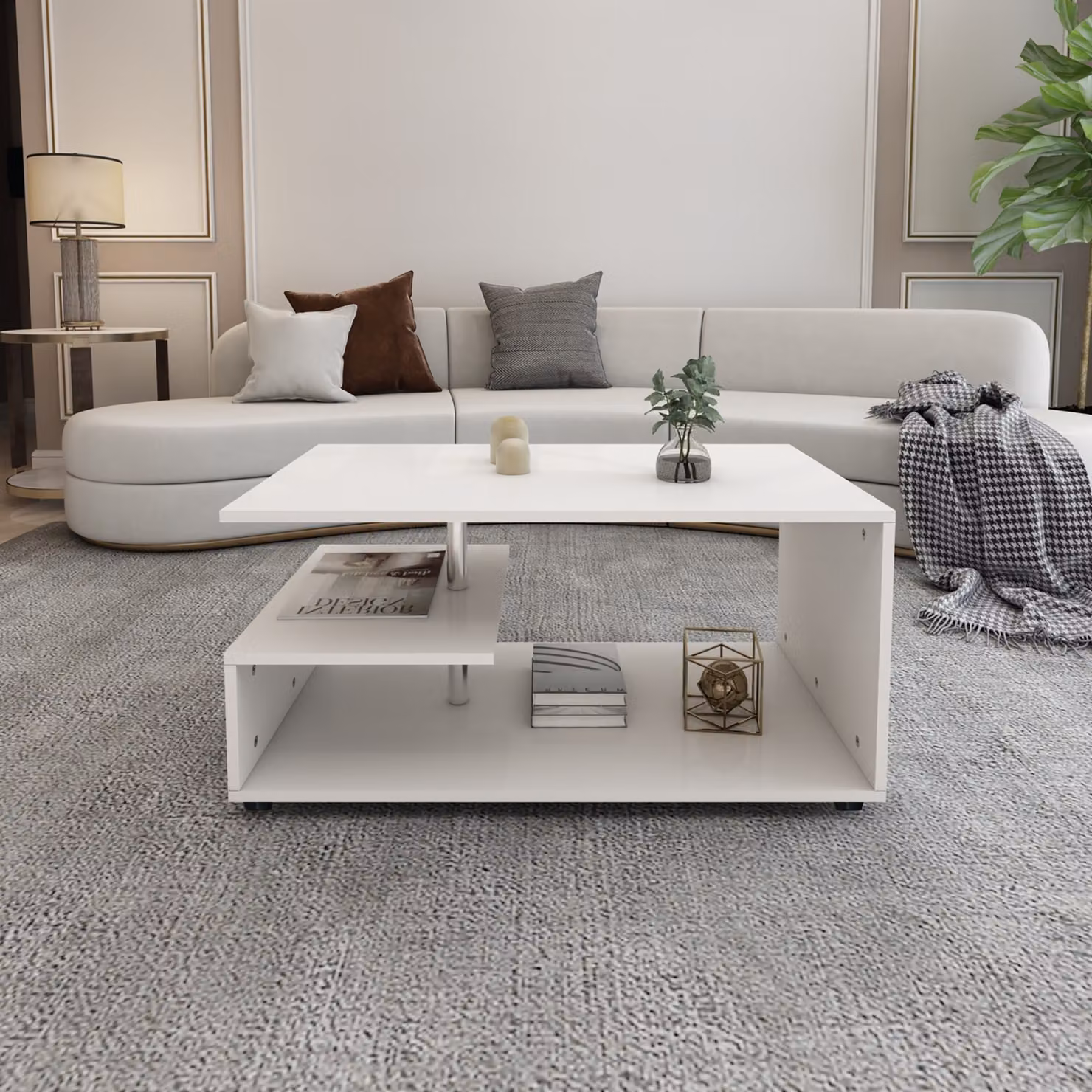 ML-Design tavolino / tavolino, bianco, con barra decorativa in metallo, 91x41x52,6 cm, tavolino da divano moderno e spazioso con ripiani su 3 livelli