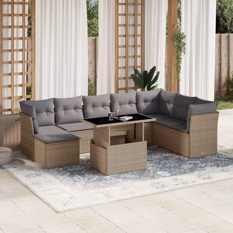 vidaXL Set Divano da Giardino 9 pz a Forma a L con Cuscini Beige e Tavolino in Vetro