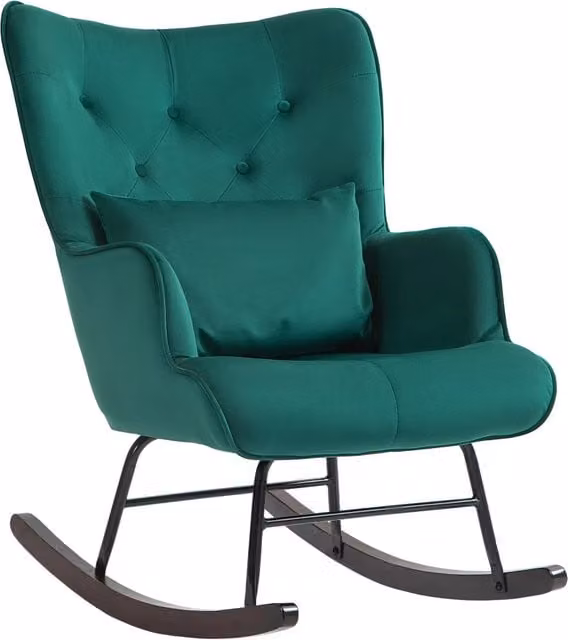 Poltrona a Dondolo Xylo in Velluto Verde con Schienale Alto e Cuscino Integrato L: 94 cm, P: 86 cm, H: 70 cm