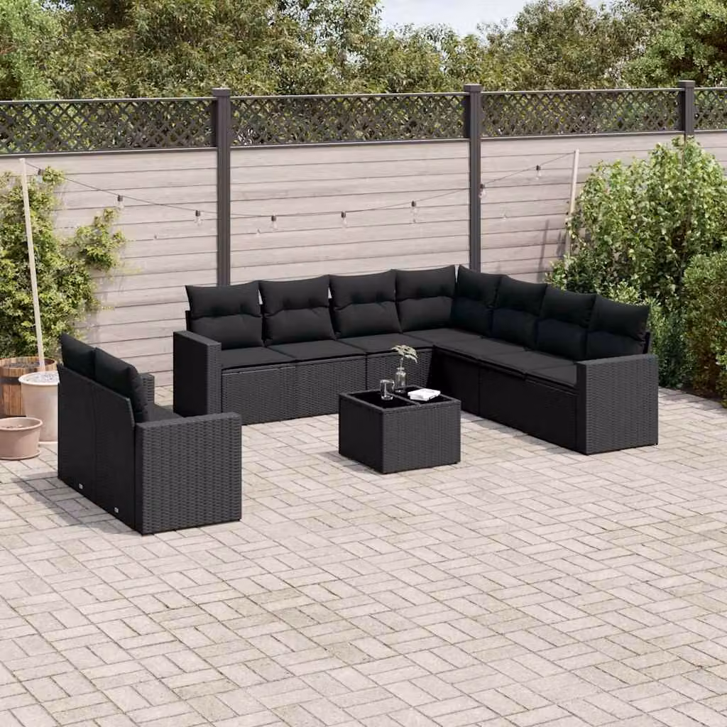 Set di Divani da Giardino a L vidaXL in Polyrattan Nero con Cuscini e Tavolino da Esterno – 1
