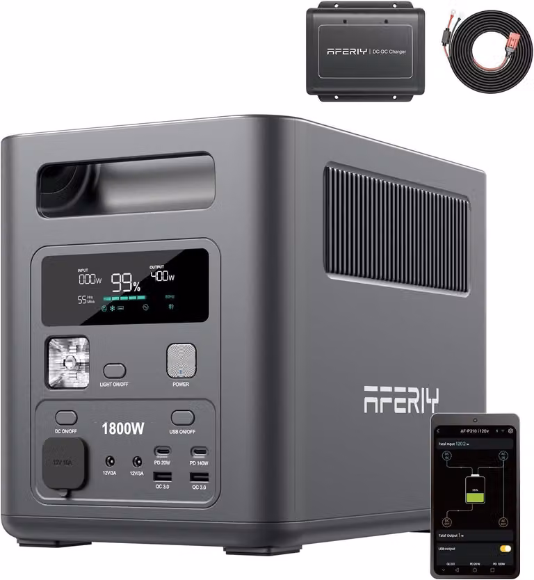 AFERIY P180 1800 W 1024 Wh con caricatore DC-DC AF-DC060 da 580 W, UPS, 9 uscite, per campeggio e camper