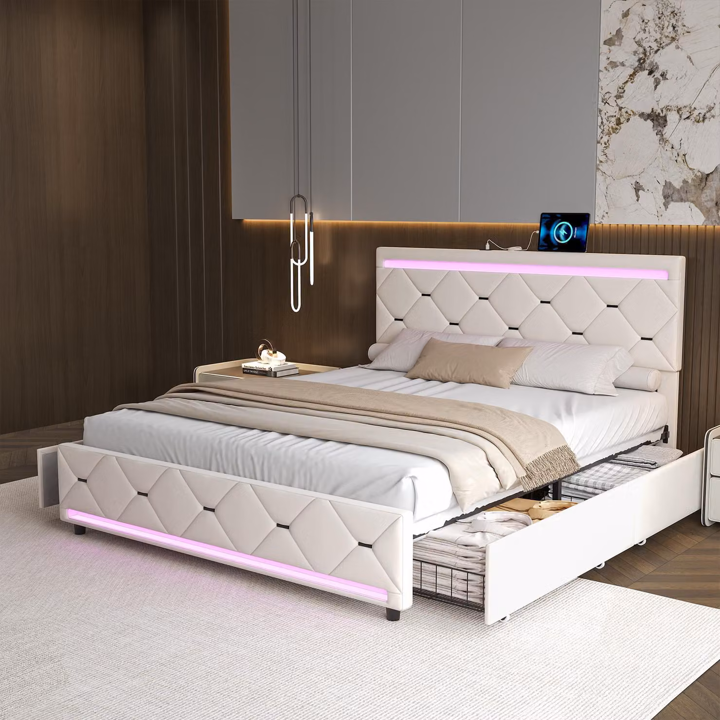 Letto imbottito UnboxG 160x200cm con 4 cassetti, illuminazione LED e porta di ricarica USB, letto matrimoniale in velluto, beige