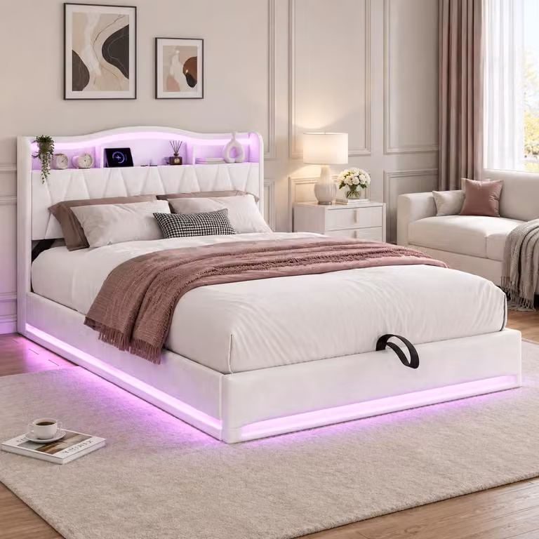 Letto idraulico INONEFT, 140 x 200 cm, letto imbottito con USB e LED, letto per adulti con spazio contenitore e rete a doghe, letto matrimoniale, velluto, color crema