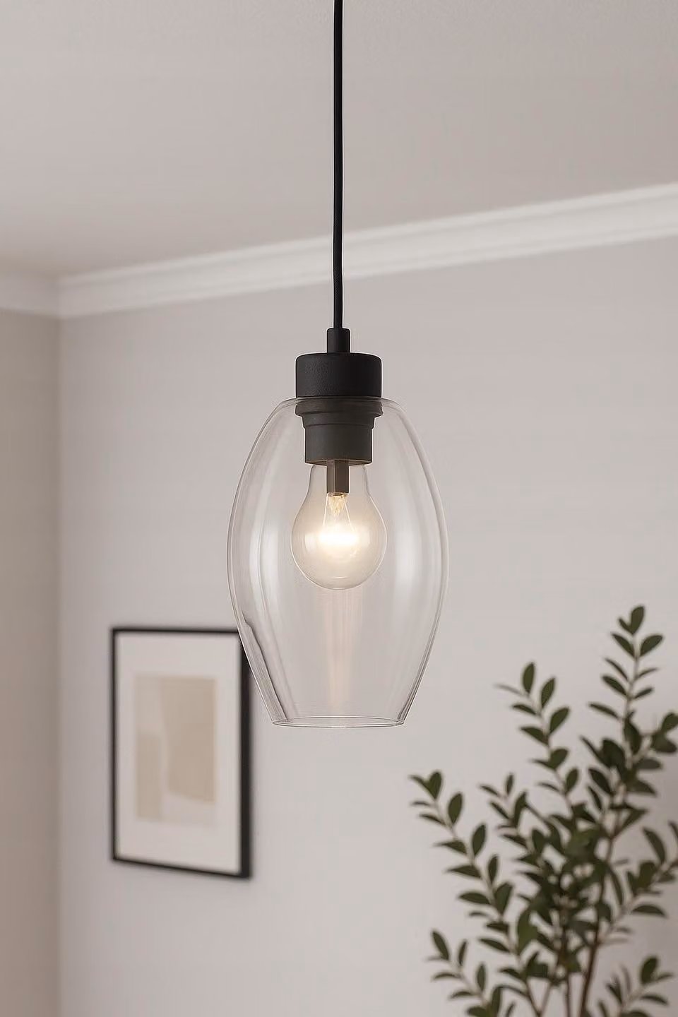 Lampada da soffitto 1xE27 170cm nera con paralume in vetro ambrato