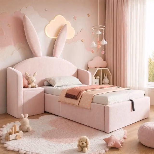 Letto per Bambini 90x190 cm Rosa in Velluto con Contenitore e Comodino Montabile, Design Orecchie di Coniglio