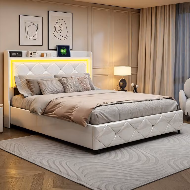 Letto matrimoniale con rete a molle INONEFT, 140x200 cm, con LED e USB, imbottito, con testiera, contenitore a sollevamento idraulico, adatto anche per ragazzi, realizzato in PU, colore bianco