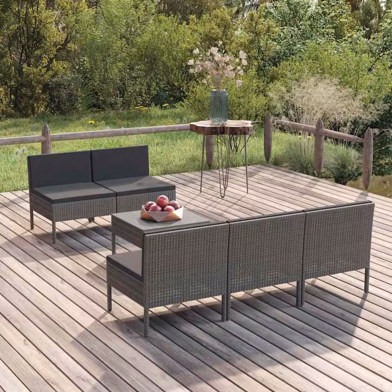 Set di divani da giardino vidaXL a forma di L composto da 9 pezzi con cuscini, struttura in metallo e design in rattan color antracite e grigio