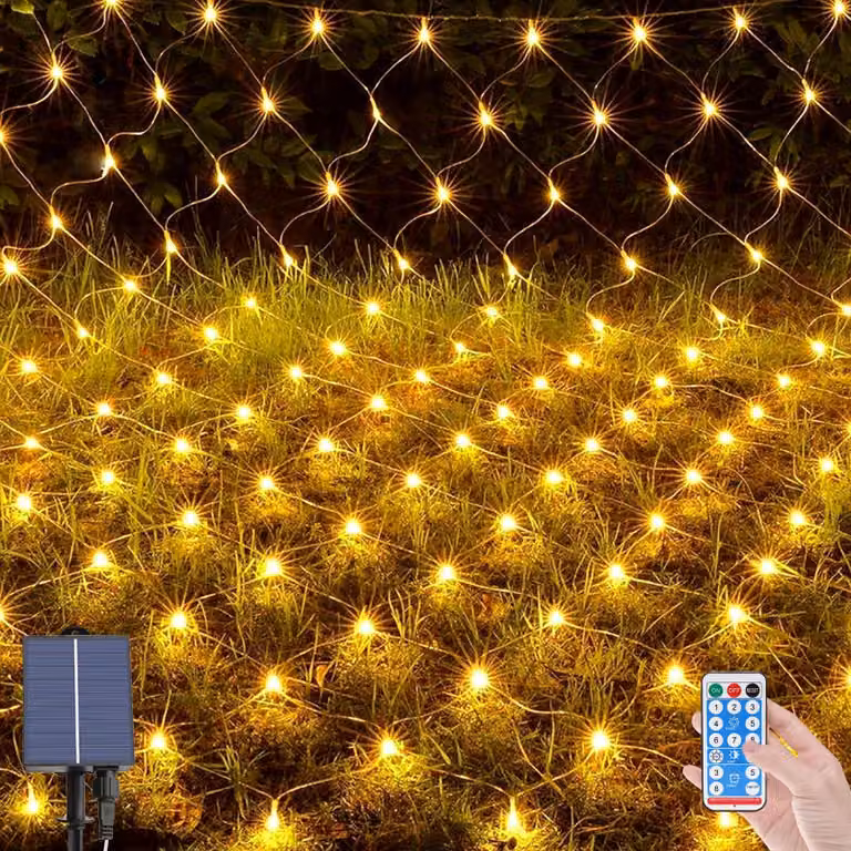 Luci natalizie a energia solare per esterni, 96 LED, dimensioni 1,5 x 1,5 metri, impermeabili, con 8 modalità