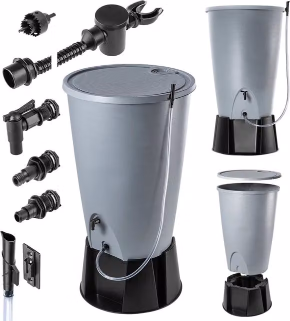 Serbatoio per acqua piovana KADAX 260L, kit di collegamento per barile d'acqua, base per rubinetto