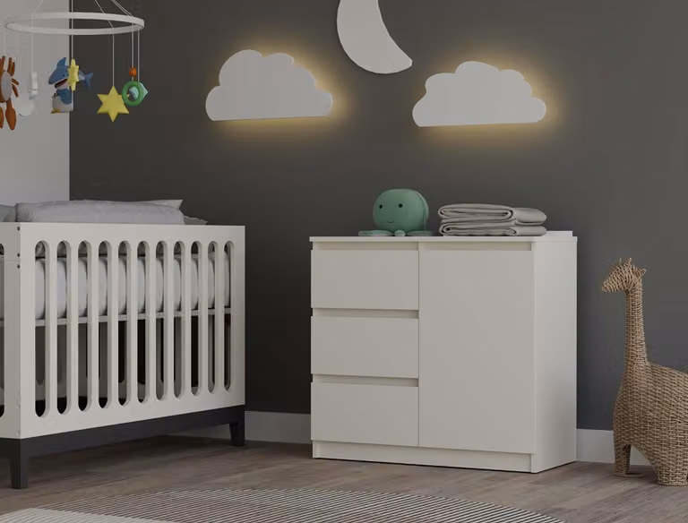 Comodino moderno, 1 anta, 3 cassetti, design funzionale