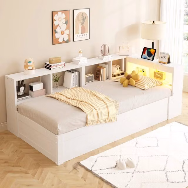 Letto Singolo 90x200 cm Multifunzionale Bianco con Contenitore Idraulico; Luci LED e Presa Integrata