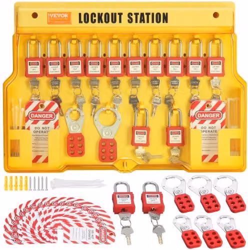 VEVOR Kit di Etichettatura per Blocco Elettrico da 60 Pezzi in Plastica Gialla con Lucchetti, Fermagli, Etichette e Fascette in Nylon per Energia Elettrica Industriale
