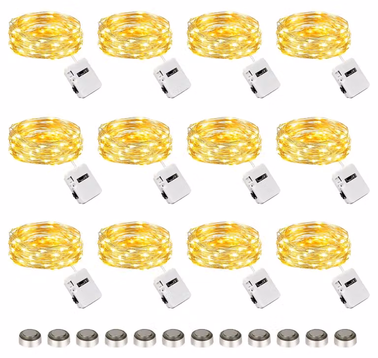 Catena luminosa a LED, 12 luci, 2 metri, 20 LED bianco caldo, alimentazione a batteria