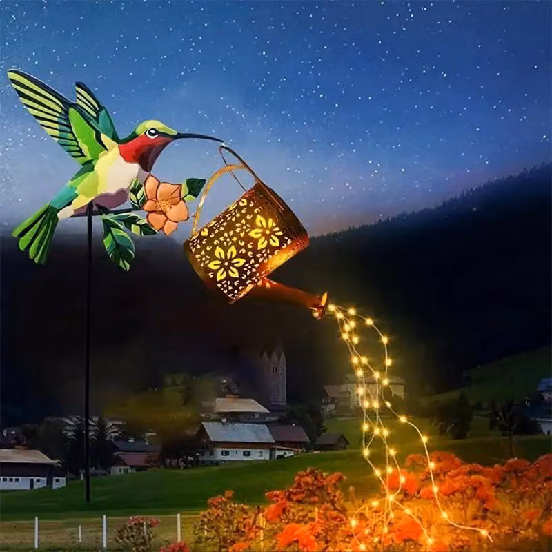 Annaffiatoio solare "Vogel", decorazione da giardino in ferro, con luci LED, dimensioni 73x22x19 cm
