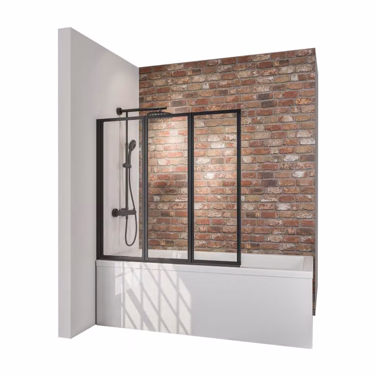 Attacco per vasca Schulte a 3 pezzi, 127 x 121 cm, pieghevole a 3 pezzi, montaggio adesivo, vetro di sicurezza da 3 mm chiaro, colore profilo: nero opaco