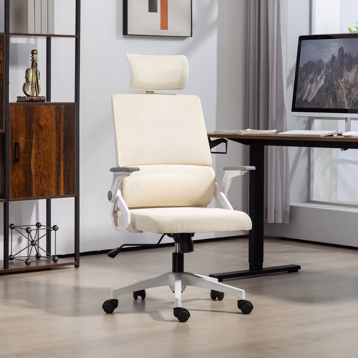 Sedia da ufficio regolabile Vinsetto con poggiatesta e braccioli, Beige, L: 60 cm, P: 61 cm, H: 121,5 cm – 2