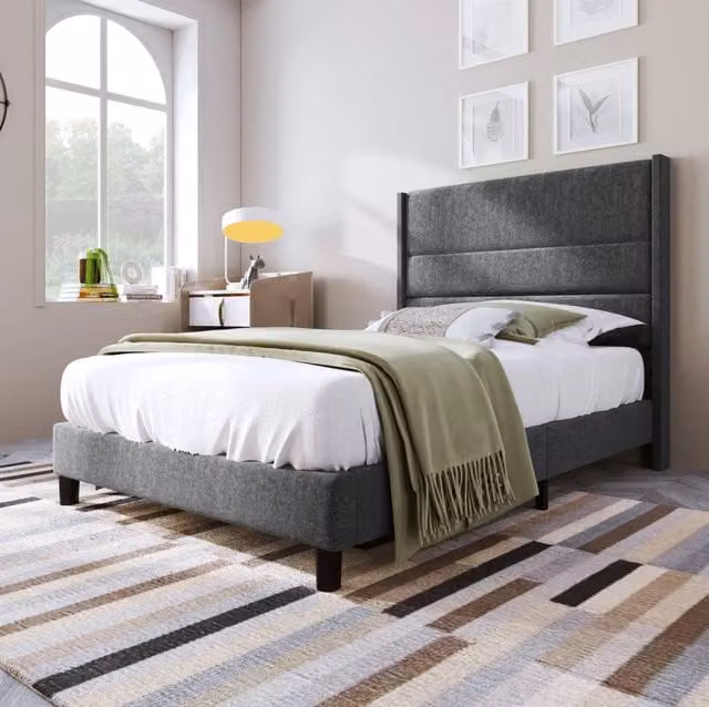 Letto imbottito 90x200 cm con materasso; rete a doghe e testiera in lino grigio