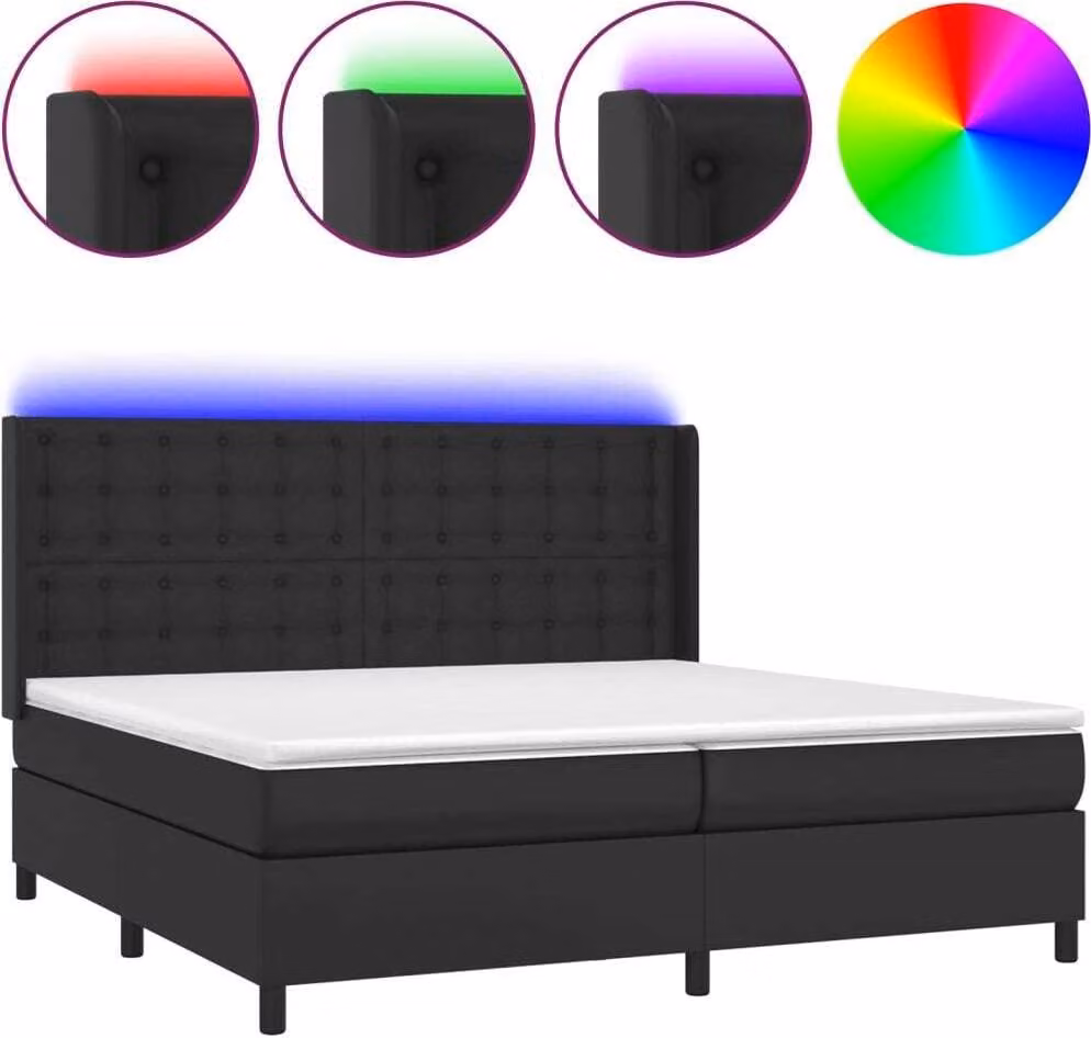 Giroletto a Molle con Materasso e LED Nero 200x200cm Pelle finta