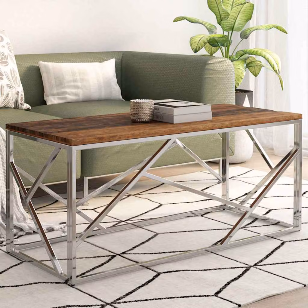 vidaXL Tavolino da Salotto Moderno in Legno e Acciaio Inossidabile, Colore Argento e Marrone, L/P/H: 110 x 45 x 45 cm