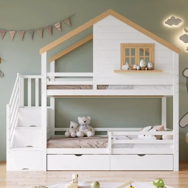 Letto a castello in pino con scala contenitore e finestra, 90x200 cm, bianco/naturale
