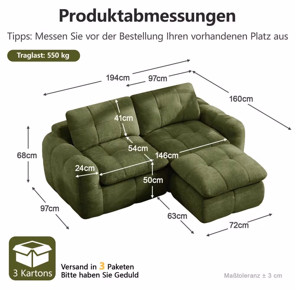 Divano modulare a due posti - Divano a una piazza in velluto - Imbottitura trapuntata a forma quadrata - Schiuma ad alta densità (32D) - Seduta profonda - Stile moderno - Verde con 2 poggiapiedi