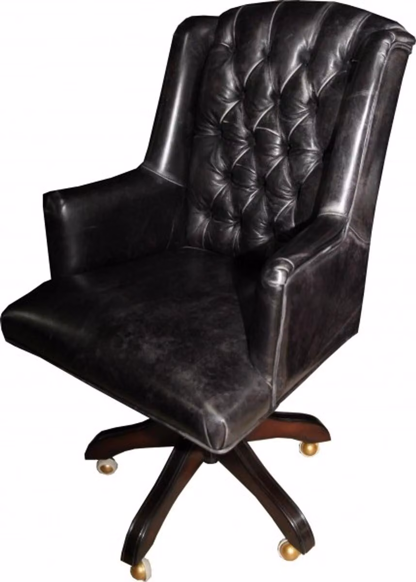 Poltrona da ufficio in vera pelle di alta qualità, stile vintage, "Casa Padrino", colore nero, dimensioni 64 x 67 x 104-111 cm